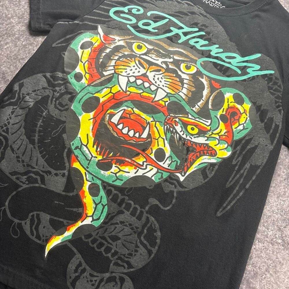Ed Hardy Tiger Snake Graphic T-Shirt Mens Small Black Y2K Tattoo Streetwear - Picture 4 of 8